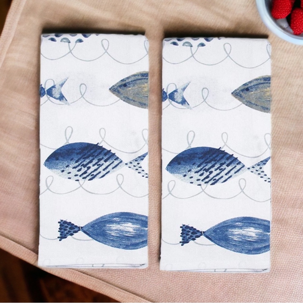 Mabelle Coastal Printed Kitchen Cotton Towels Nautical Beach Blue White 2 Pieces - Picture 2 of 13